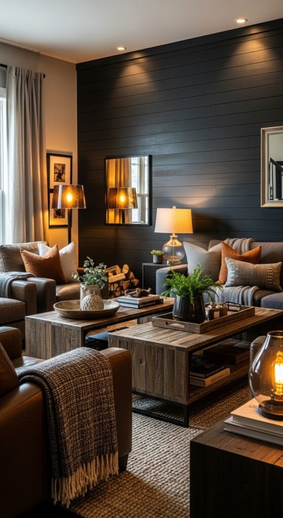 A beautifully transformed moody living room featuring dark walls, warm layered lighting, plush velvet sofa, rich wood furniture, heavy curtains, and curated accessories, showcasing 25 moody living room ideas to create a cozy and dramatic haven at home.