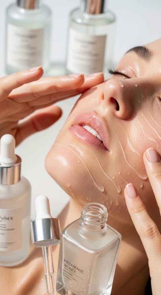 A breathtaking close-up beauty portrait of a woman with flawless dewy glass skin reflecting light beautifully, surrounded by elegant Korean skincare products on a white marble surface, showcasing 15 glass skin routine ideas as a complete guide to achieving the ultimate Korean glow.