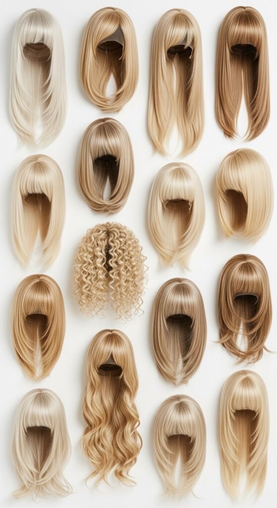 A collection of beautiful blonde wig styles displayed together, including straight, wavy, curly, honey blonde, platinum blonde, and balayage options, representing the ultimate guide to 15 blonde wig ideas for every style and preference.