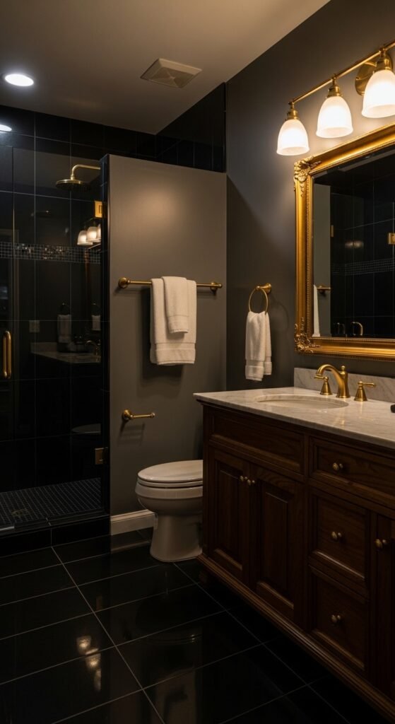 A beautifully transformed moody bathroom featuring dark walls, black tile, warm layered lighting, gold brass fixtures, freestanding tub, and lush plants, showcasing 20 moody bathroom ideas to create a dramatic and luxurious sanctuary at home.