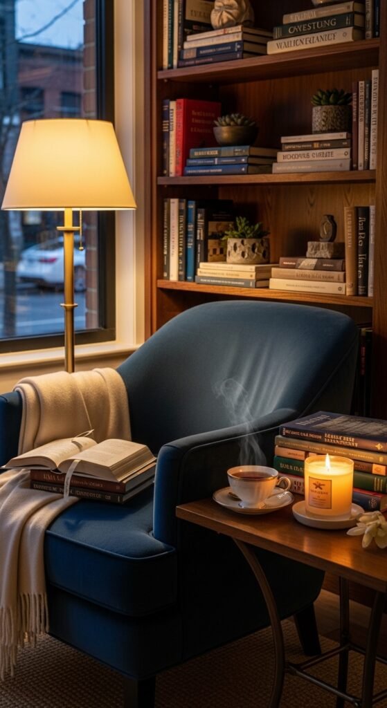 A beautifully styled luxury lifestyle scene featuring an elegant penthouse living room with fresh flowers, gold accents, quality books, warm dramatic lighting, and floor-to-ceiling city views, showcasing 24 luxury lifestyle ideas to transform your everyday existence into an extraordinary and fulfilling life.