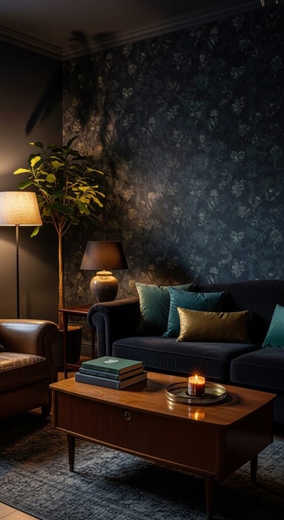 A beautifully transformed moody living room featuring dark walls, warm layered lighting, plush velvet sofa, rich wood furniture, heavy curtains, and curated accessories, showcasing 25 moody living room ideas to create a cozy and dramatic haven at home.