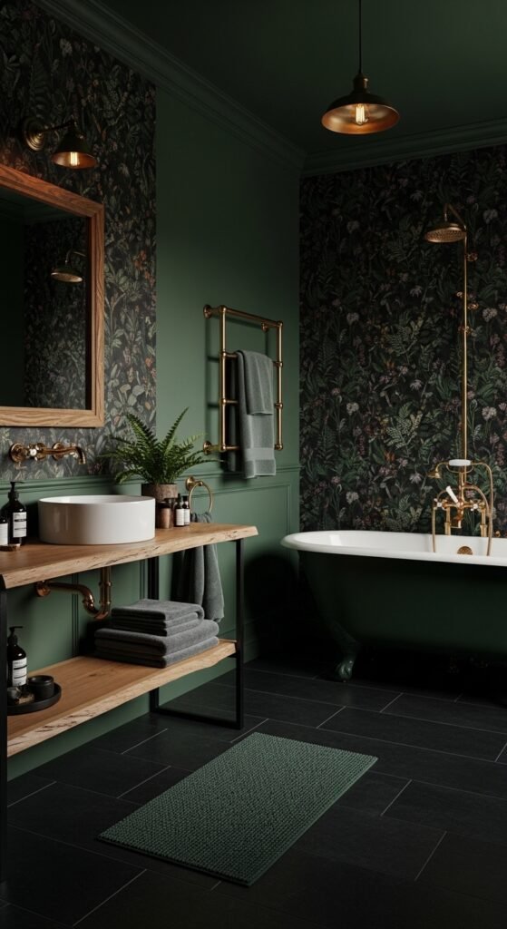 A beautifully transformed moody bathroom featuring dark walls, black tile, warm layered lighting, gold brass fixtures, freestanding tub, and lush plants, showcasing 20 moody bathroom ideas to create a dramatic and luxurious sanctuary at home.