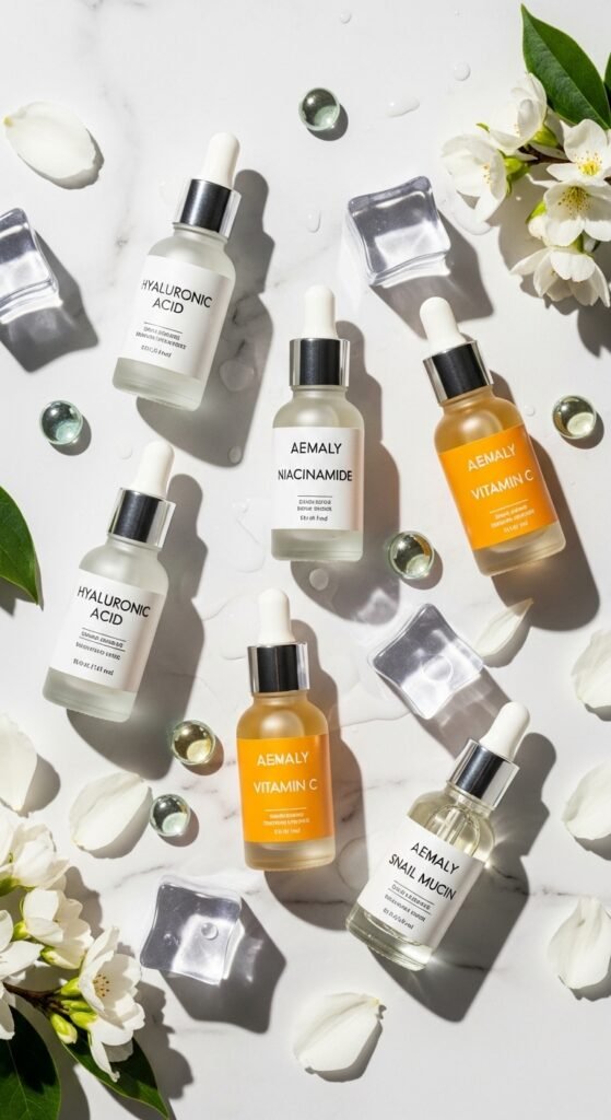 A breathtaking close-up beauty portrait of a woman with flawless dewy glass skin reflecting light beautifully, surrounded by elegant Korean skincare products on a white marble surface, showcasing 15 glass skin routine ideas as a complete guide to achieving the ultimate Korean glow.