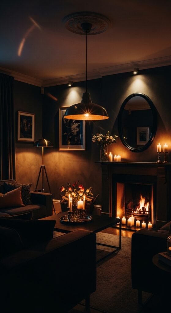 A beautifully transformed moody living room featuring dark walls, warm layered lighting, plush velvet sofa, rich wood furniture, heavy curtains, and curated accessories, showcasing 25 moody living room ideas to create a cozy and dramatic haven at home.