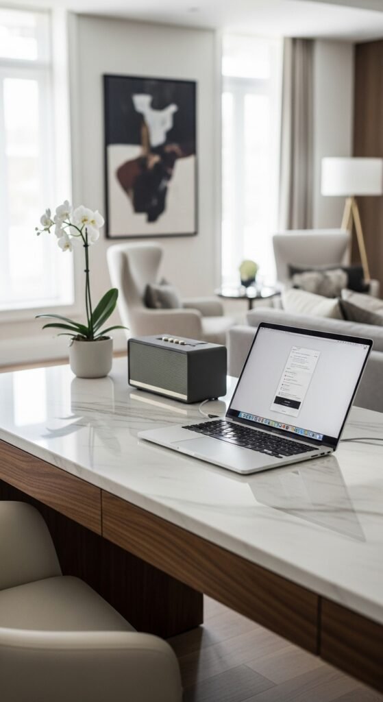 A beautifully styled luxury lifestyle scene featuring an elegant penthouse living room with fresh flowers, gold accents, quality books, warm dramatic lighting, and floor-to-ceiling city views, showcasing 24 luxury lifestyle ideas to transform your everyday existence into an extraordinary and fulfilling life.