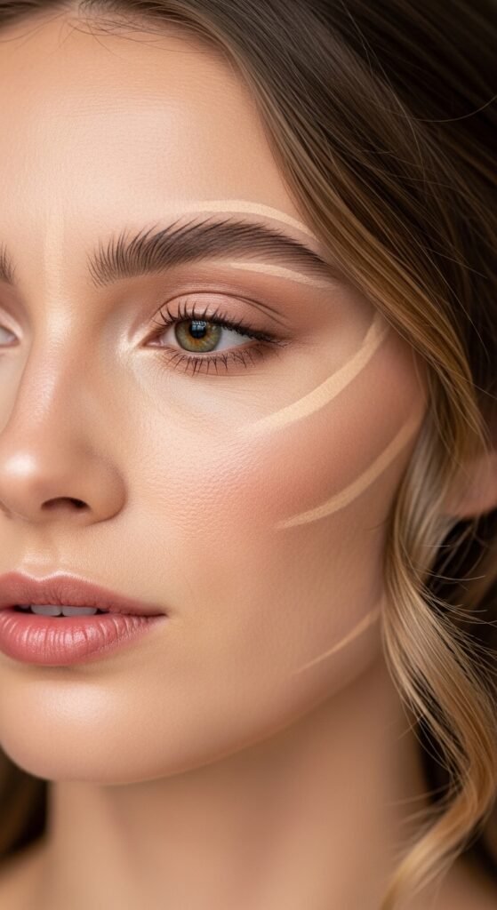 A breathtaking natural bridal makeup editorial featuring a beautiful bride with effortless glowing skin, soft dewy complexion, rosy blush, defined brows, and barely-there shimmer surrounded by elegant bridal beauty products and fresh white flowers, showcasing 16 natural bridal makeup ideas for 2026 as the ultimate guide to effortless bridal beauty.