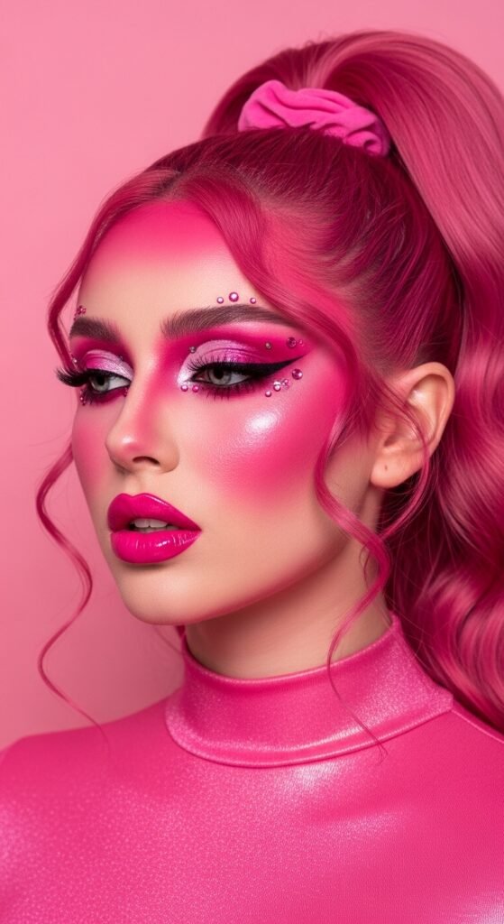 A stunning glamorous bimbocore makeup editorial featuring a beautiful woman with hyper-feminine Y2K inspired beauty including glossy pink lips, glitter eyeshadow, heavy blush, and dewy glowing skin, showcasing 15 bimbocore makeup ideas as the ultimate guide to mastering the hyper-feminine beauty trend.