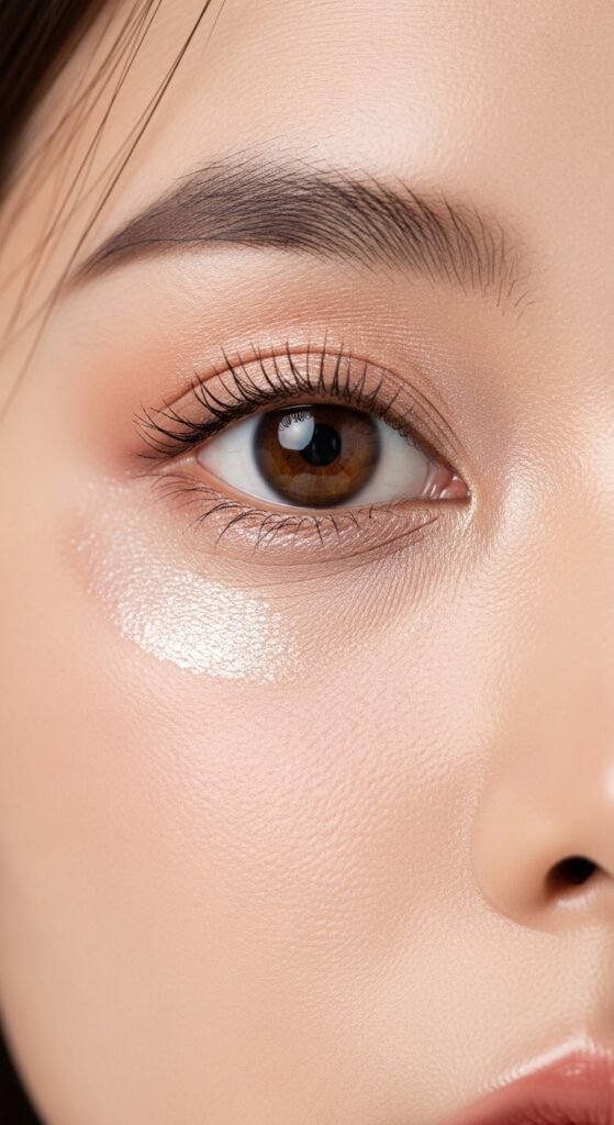 A breathtaking Korean makeup look editorial featuring a beautiful woman with flawless dewy glass skin, soft gradient lips, straight brows, puppy liner, and luminous K-beauty glow surrounded by elegant Korean beauty products, showcasing 20 Korean makeup look ideas as the ultimate guide to achieving the coveted K-beauty glow.
