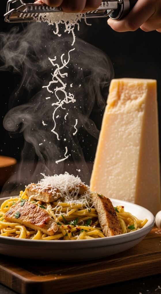 A breathtaking garlic butter chicken pasta editorial featuring a stunning bowl of golden seared chicken over perfectly cooked fettuccine in a rich glossy garlic butter cream sauce topped with freshly grated parmesan and fresh parsley, showcasing the ultimate comfort food guide to making the most delicious garlic butter chicken pasta at home.