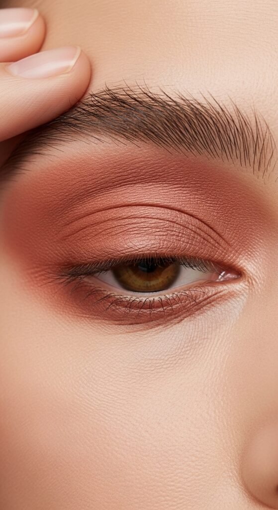 A stunning matte makeup editorial featuring a beautiful woman with a perfectly flawless velvety complexion, soft matte foundation, powdery blush, matte smokey eyes, and blurred matte lip surrounded by elegant matte beauty products, showcasing 15 matte makeup ideas for achieving a flawless and velvety complexion.