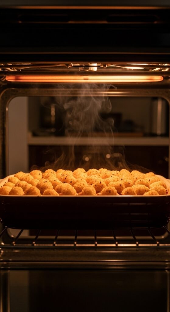 A breathtaking Big Mac tater tot casserole editorial featuring a golden bubbling casserole dish topped with crispy tater tots, melted cheddar cheese, fresh lettuce, diced tomatoes, pickles, and special sauce drizzle on a rustic wooden table, showcasing the ultimate guide to this irresistible comfort food mashup made in heaven.