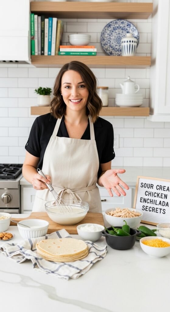 A breathtaking sour cream chicken enchilada recipe editorial featuring a stunning baking dish of golden baked enchiladas smothered in rich creamy white sauce, melted cheese, fresh cilantro, and jalapeños on a rustic wooden table, showcasing the ultimate guide to making the most delicious and authentic sour cream chicken enchilada recipe at home.