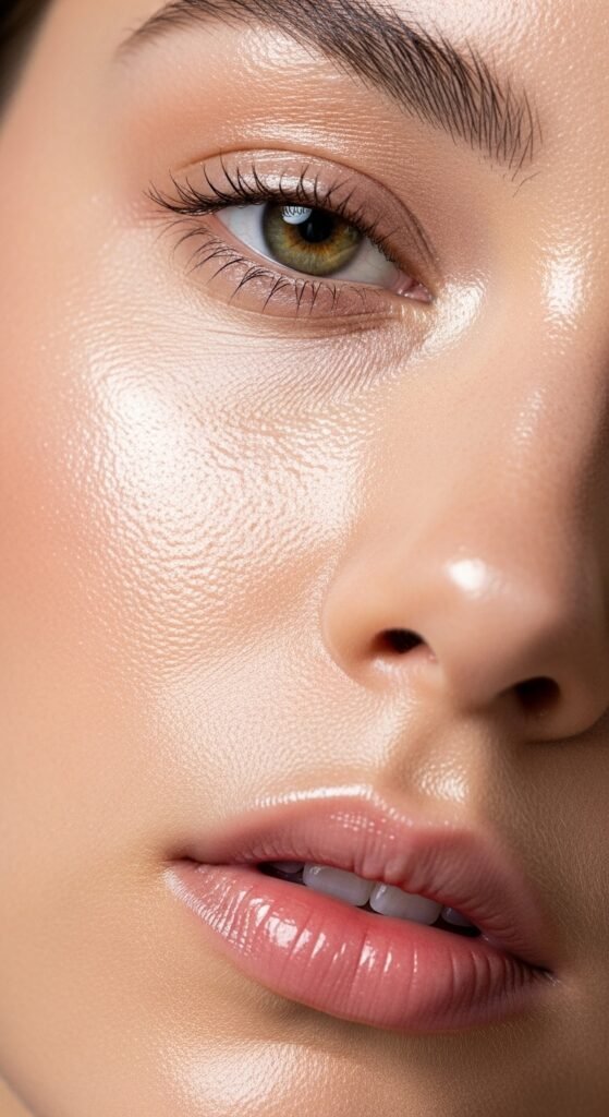 A stunning everyday makeup routine editorial featuring a beautiful woman with effortless natural beauty including glowing dewy skin, soft brows, subtle eye makeup, and flushed blush surrounded by essential makeup products on a white marble vanity, showcasing 18 everyday makeup routine ideas as the ultimate guide to achieving effortless beauty.