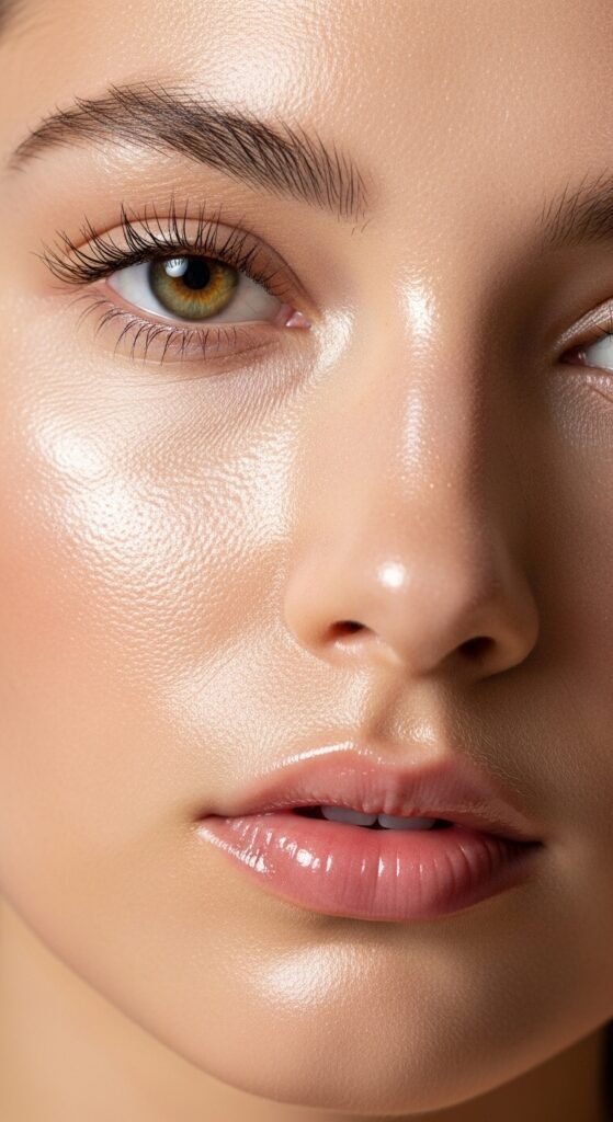 A stunning no mascara makeup editorial featuring a beautiful woman with flawless glowing skin, bold defined brows, colorful graphic liner, glossy lips, and radiant blush all achieved without mascara, showcasing 15 no mascara makeup ideas that prove bare lashes can be absolutely beautiful.