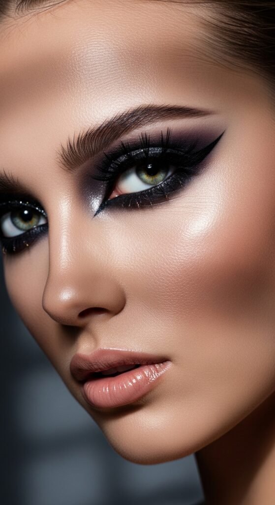 A breathtaking glamour makeup looks editorial featuring a stunning woman with dramatic smokey eyes, bold red lips, blinding highlighter, jewel-toned eyeshadow, and flawless skin surrounded by luxury makeup products, showcasing 17 glamour makeup looks ideas as the ultimate guide to achieving stunning and unforgettable beauty.