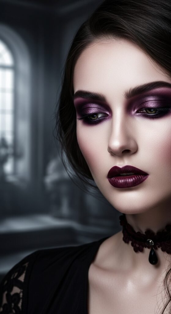 A breathtaking glam makeup look editorial featuring a stunning woman with dramatic smokey eyes, blinding highlighter, bold lips, graphic liner, and flawless skin surrounded by luxury makeup products on black marble, showcasing 15 glam makeup look ideas to elevate your beauty routine to the next level.