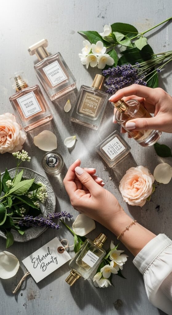 A breathtaking ethereal beauty editorial featuring a stunning woman with luminous glass skin, moonlit shimmer eyeshadow, feathery wispy lashes, softly stained lips, and iridescent hair surrounded by white flowers and crystals, showcasing 15 ethereal beauty ideas to transform your look into breathtaking dreamlike art.