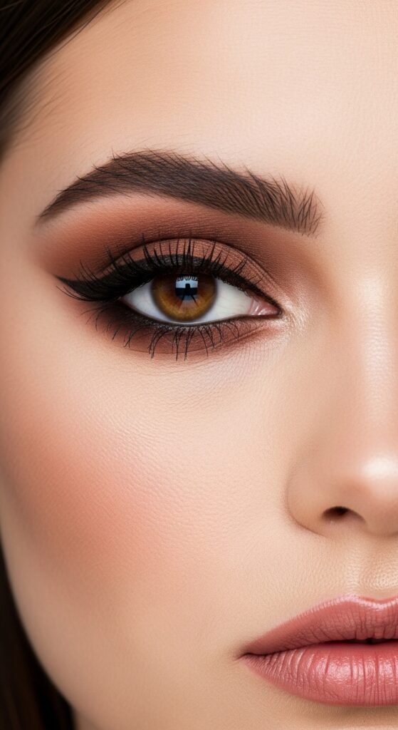 A breathtaking pale brunette makeup editorial featuring a beautiful fair-skinned brunette woman with flawless porcelain complexion, soft rosy blush, taupe smokey eyes, berry lips, and lavender highlighter surrounded by elegant makeup products, showcasing 20 pale brunette makeup ideas to help you embrace your unique beauty with confidence.