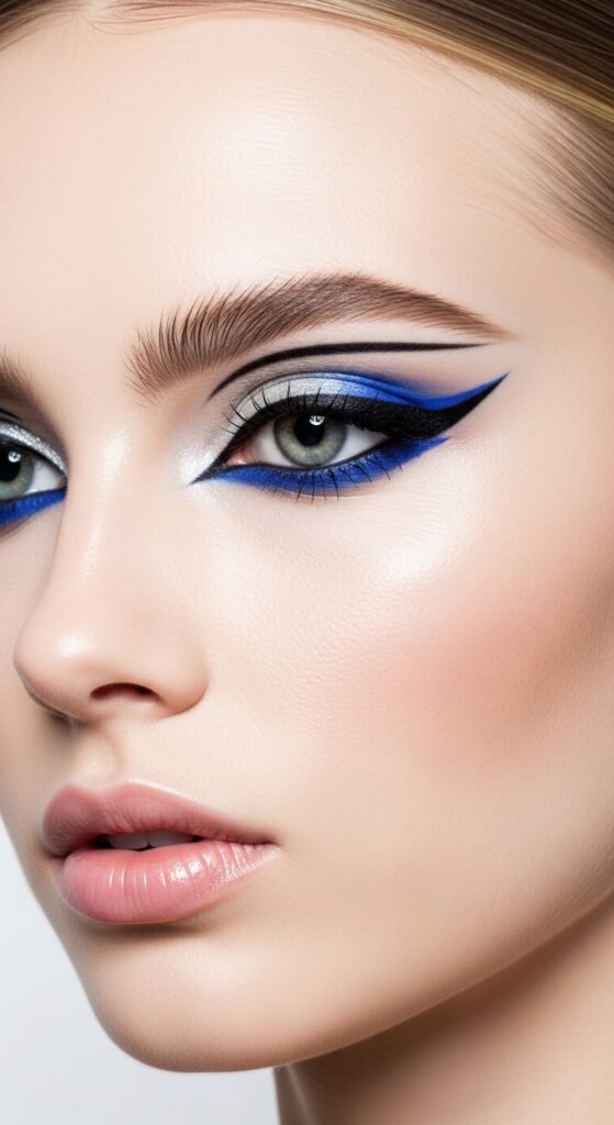 A breathtaking pale skin makeup editorial featuring a stunning fair-skinned woman with flawless porcelain complexion, soft rosy blush, ethereal highlight, subtle smokey eyes, and bold red lip surrounded by elegant makeup products on white marble, showcasing 20 pale skin makeup ideas as a complete guide to achieving flawless and radiant looks.