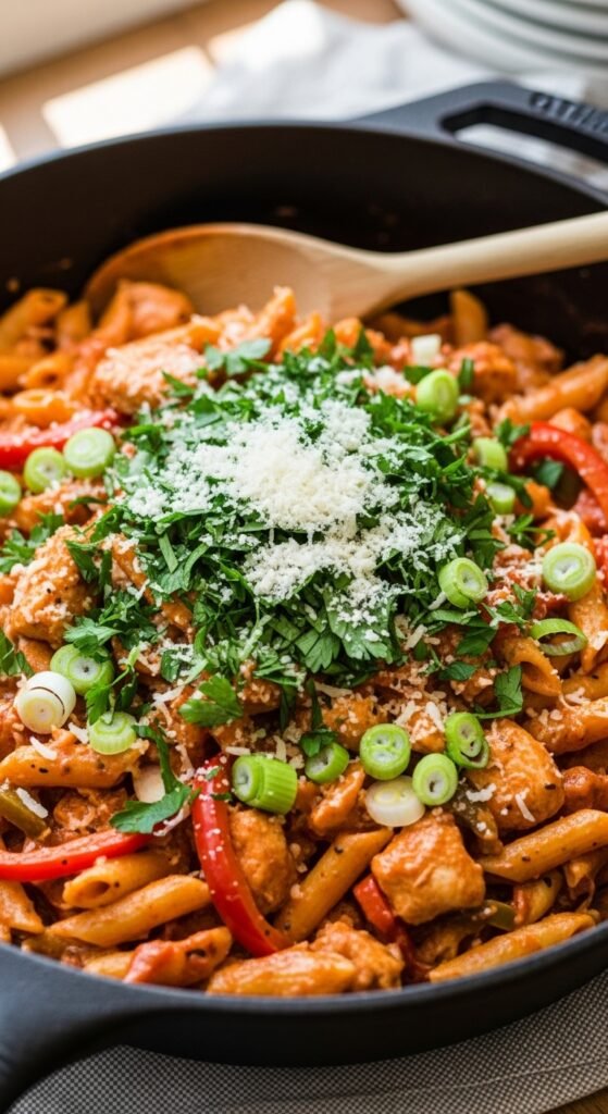 A breathtaking one pot Cajun chicken pasta recipe editorial featuring a stunning cast iron skillet overflowing with creamy spicy pasta, golden seared Cajun chicken, colorful bell peppers, melted parmesan, and fresh parsley on a rustic wooden table, showcasing the ultimate guide to making this creamy spicy and unforgettable one pot Cajun chicken pasta recipe.