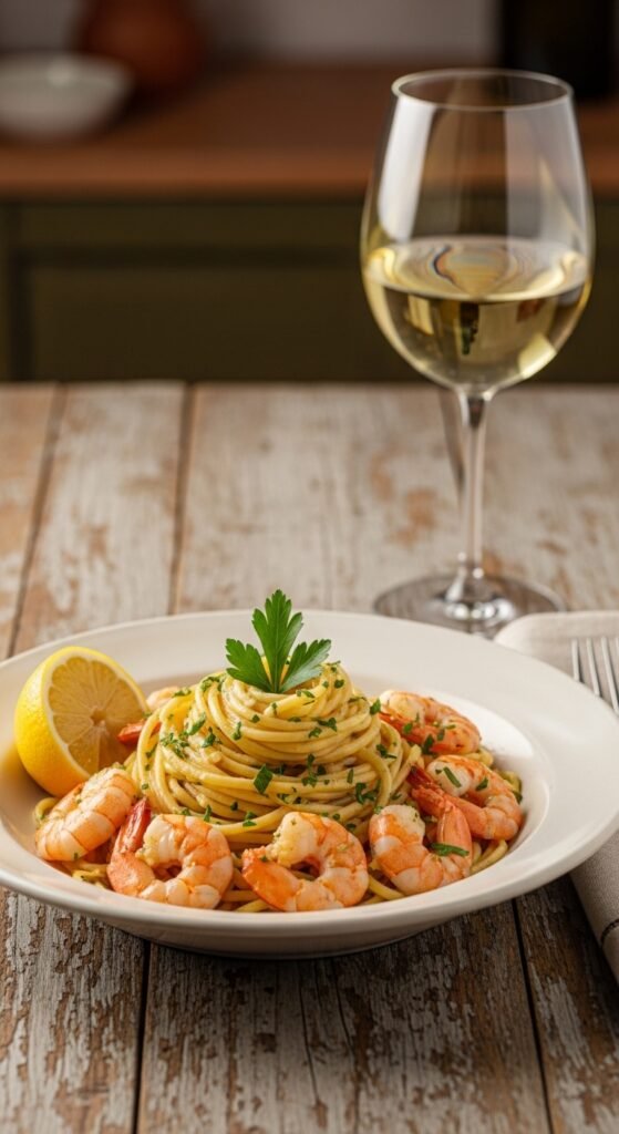 A breathtaking shrimp scampi pasta recipe editorial featuring a stunning bowl of perfectly cooked linguine with plump golden seared shrimp in a glossy white wine lemon garlic butter sauce with fresh parsley and lemon zest on a rustic Italian wooden table, showcasing the ultimate guide to mastering shrimp scampi pasta recipes at home.