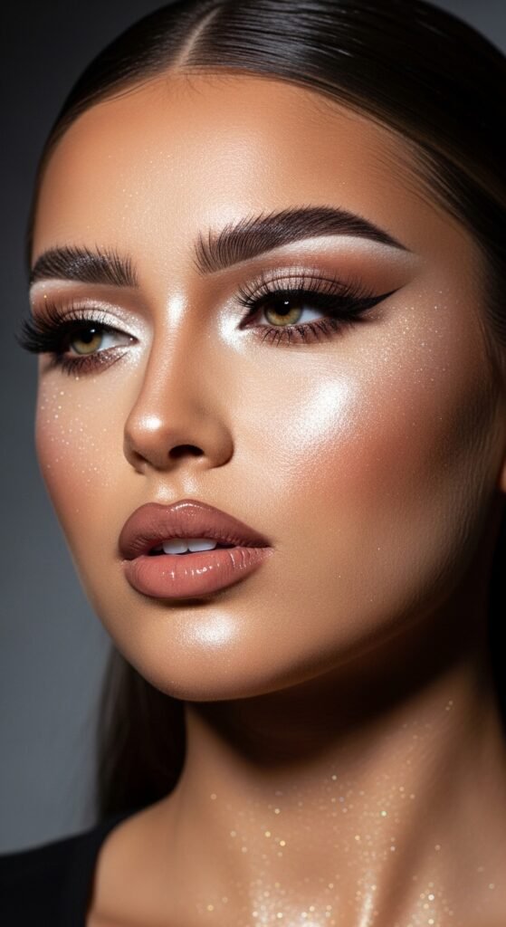 A stunning glamorous bimbocore makeup editorial featuring a beautiful woman with hyper-feminine Y2K inspired beauty including glossy pink lips, glitter eyeshadow, heavy blush, and dewy glowing skin, showcasing 15 bimbocore makeup ideas as the ultimate guide to mastering the hyper-feminine beauty trend.