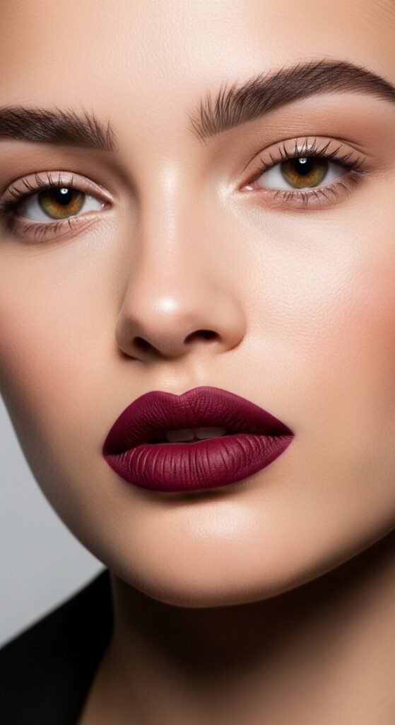 A stunning no mascara makeup editorial featuring a beautiful woman with flawless glowing skin, bold defined brows, colorful graphic liner, glossy lips, and radiant blush all achieved without mascara, showcasing 15 no mascara makeup ideas that prove bare lashes can be absolutely beautiful.