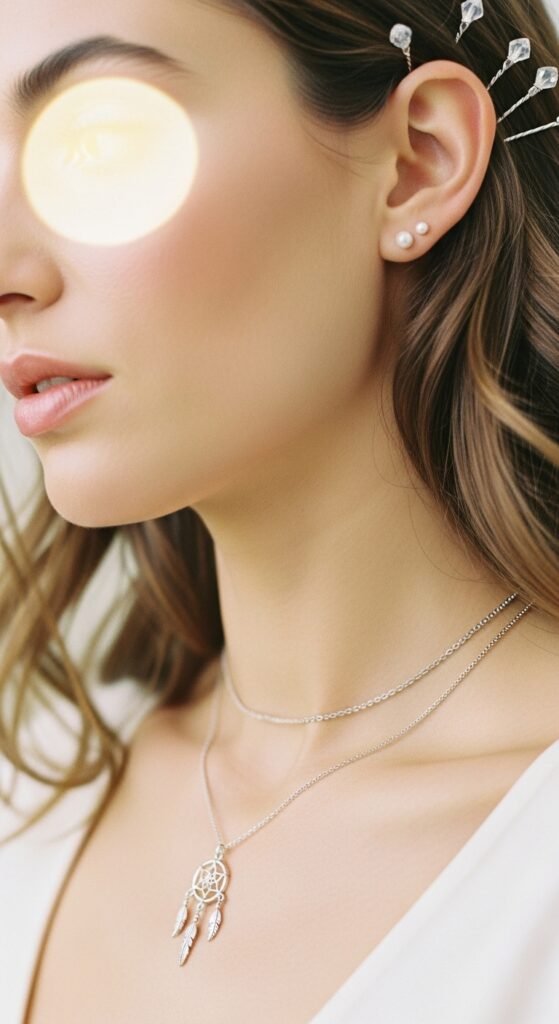 A breathtaking ethereal beauty editorial featuring a stunning woman with luminous glass skin, moonlit shimmer eyeshadow, feathery wispy lashes, softly stained lips, and iridescent hair surrounded by white flowers and crystals, showcasing 15 ethereal beauty ideas to transform your look into breathtaking dreamlike art.