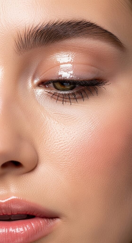 A breathtaking natural bridal makeup editorial featuring a beautiful bride with effortless glowing skin, soft dewy complexion, rosy blush, defined brows, and barely-there shimmer surrounded by elegant bridal beauty products and fresh white flowers, showcasing 16 natural bridal makeup ideas for 2026 as the ultimate guide to effortless bridal beauty.