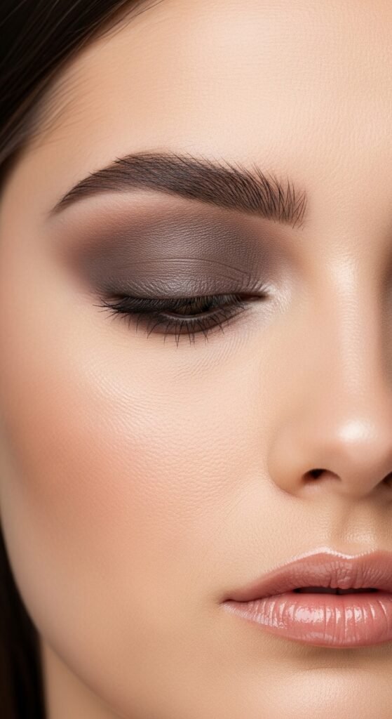 A breathtaking pale brunette makeup editorial featuring a beautiful fair-skinned brunette woman with flawless porcelain complexion, soft rosy blush, taupe smokey eyes, berry lips, and lavender highlighter surrounded by elegant makeup products, showcasing 20 pale brunette makeup ideas to help you embrace your unique beauty with confidence.