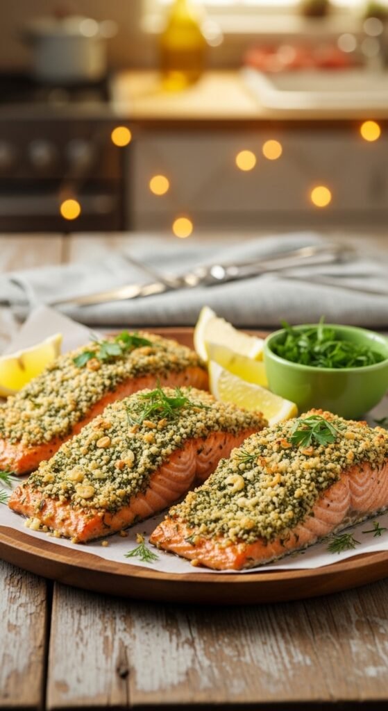  A breathtaking easy salmon recipes baked editorial featuring a stunning spread of golden baked salmon dishes including garlic butter, parmesan herb crusted, lemon pepper, and Mediterranean styles on a rustic wooden table with fresh lemon and dill, showcasing the ultimate guide to foolproof and flavorful easy baked salmon meals.