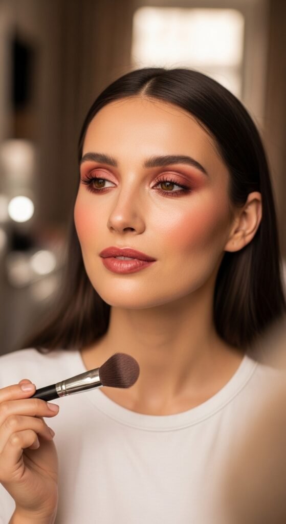 A stunning everyday makeup routine editorial featuring a beautiful woman with effortless natural beauty including glowing dewy skin, soft brows, subtle eye makeup, and flushed blush surrounded by essential makeup products on a white marble vanity, showcasing 18 everyday makeup routine ideas as the ultimate guide to achieving effortless beauty.