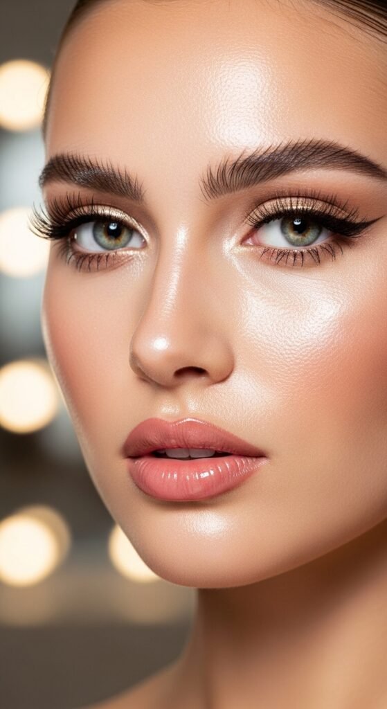 A breathtaking glam makeup look editorial featuring a stunning woman with dramatic smokey eyes, blinding highlighter, bold lips, graphic liner, and flawless skin surrounded by luxury makeup products on black marble, showcasing 15 glam makeup look ideas to elevate your beauty routine to the next level.