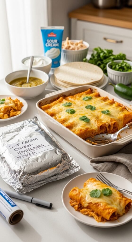 A breathtaking sour cream chicken enchilada recipe editorial featuring a stunning baking dish of golden baked enchiladas smothered in rich creamy white sauce, melted cheese, fresh cilantro, and jalapeños on a rustic wooden table, showcasing the ultimate guide to making the most delicious and authentic sour cream chicken enchilada recipe at home.