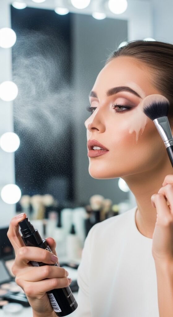 A stunning matte makeup editorial featuring a beautiful woman with a perfectly flawless velvety complexion, soft matte foundation, powdery blush, matte smokey eyes, and blurred matte lip surrounded by elegant matte beauty products, showcasing 15 matte makeup ideas for achieving a flawless and velvety complexion.
