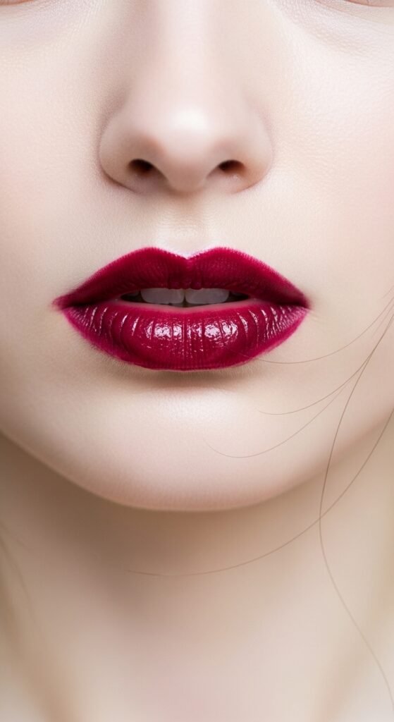 A breathtaking pale skin makeup editorial featuring a stunning fair-skinned woman with flawless porcelain complexion, soft rosy blush, ethereal highlight, subtle smokey eyes, and bold red lip surrounded by elegant makeup products on white marble, showcasing 20 pale skin makeup ideas as a complete guide to achieving flawless and radiant looks.