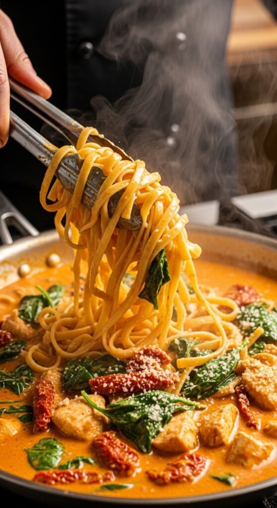 A breathtaking creamy Tuscan chicken pasta recipe editorial featuring a stunning bowl of golden pan-seared chicken over fettuccine in a rich velvety cream sauce with sun-dried tomatoes, wilted spinach, and freshly grated parmesan on a rustic Italian wooden table, showcasing the ultimate guide to making this comforting and irresistible creamy Tuscan chicken pasta recipe.