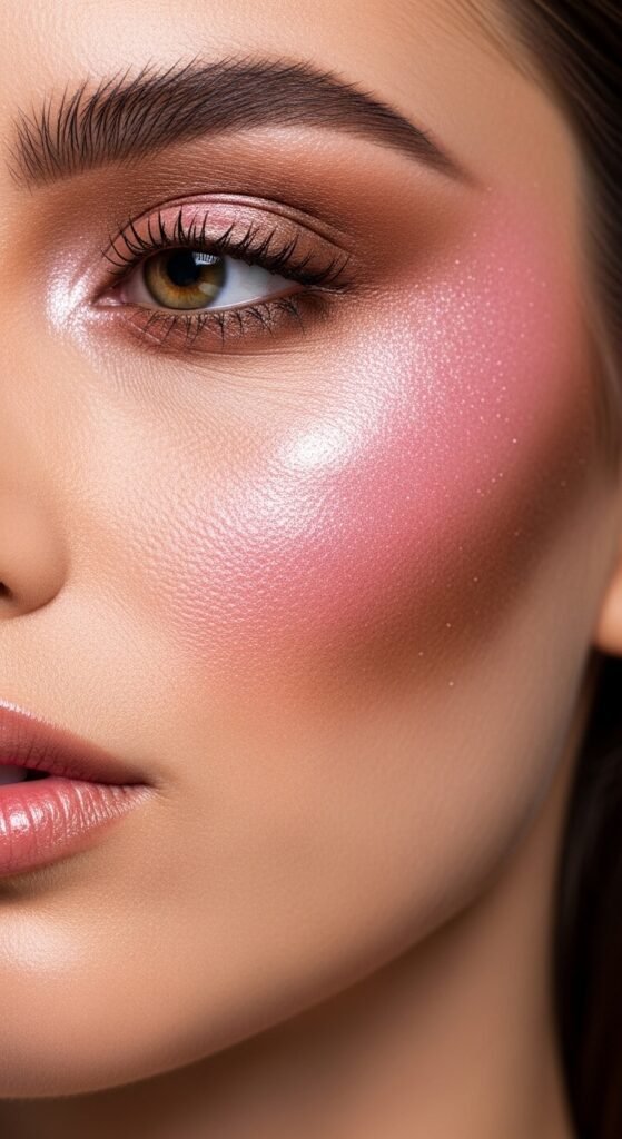 A stunning glamorous McBling makeup editorial featuring a beautiful woman with full Y2K inspired beauty including frosty eyeshadow, metallic foiled lids, glossy lips, shimmery blush, face gems, and chunky highlights, showcasing 18 McBling makeup ideas as a complete guide to mastering the most iconic Y2K makeup trends.