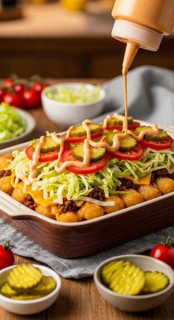 A breathtaking Big Mac tater tot casserole editorial featuring a golden bubbling casserole dish topped with crispy tater tots, melted cheddar cheese, fresh lettuce, diced tomatoes, pickles, and special sauce drizzle on a rustic wooden table, showcasing the ultimate guide to this irresistible comfort food mashup made in heaven.