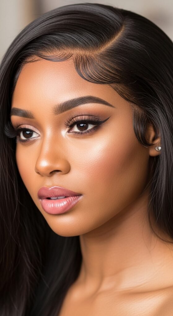 A stunning beauty editorial featuring a gorgeous woman with a flawless sleek straight quick weave hairstyle with perfect shine and movement, showcasing 20 straight quick weave hairstyles ideas for achieving instant glamour and salon-quality results at home.