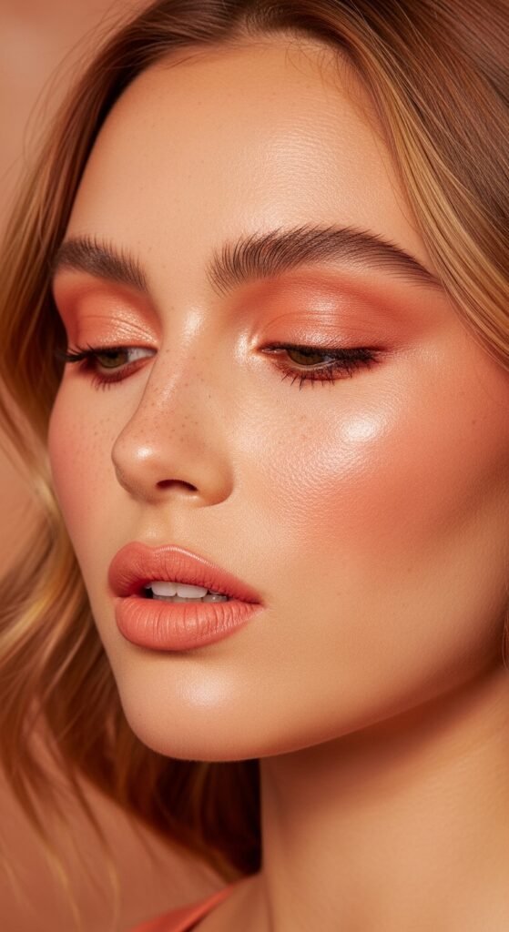 A breathtaking Korean makeup look editorial featuring a beautiful woman with flawless dewy glass skin, soft gradient lips, straight brows, puppy liner, and luminous K-beauty glow surrounded by elegant Korean beauty products, showcasing 20 Korean makeup look ideas as the ultimate guide to achieving the coveted K-beauty glow.