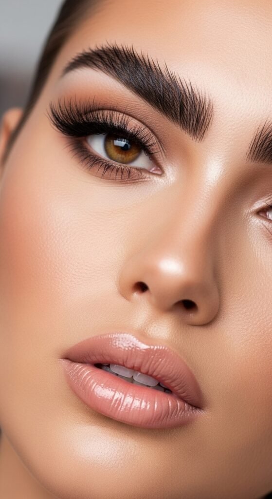 A breathtaking glamour makeup looks editorial featuring a stunning woman with dramatic smokey eyes, bold red lips, blinding highlighter, jewel-toned eyeshadow, and flawless skin surrounded by luxury makeup products, showcasing 17 glamour makeup looks ideas as the ultimate guide to achieving stunning and unforgettable beauty.