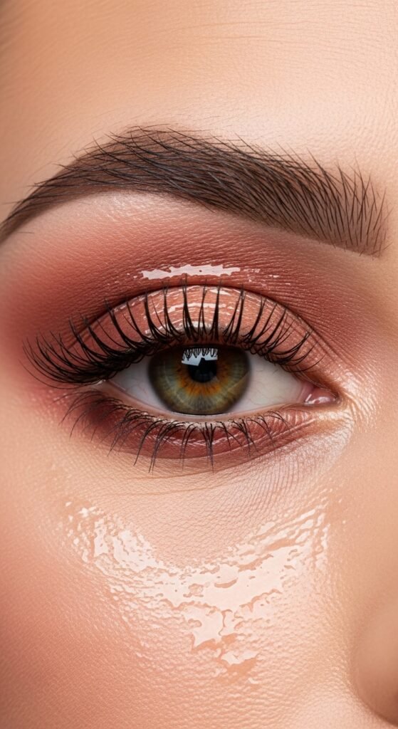 A stunning no mascara makeup editorial featuring a beautiful woman with flawless glowing skin, bold defined brows, colorful graphic liner, glossy lips, and radiant blush all achieved without mascara, showcasing 15 no mascara makeup ideas that prove bare lashes can be absolutely beautiful.