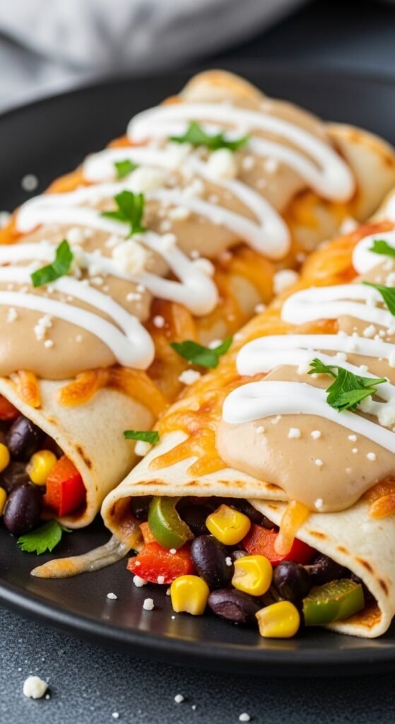 A breathtaking sour cream chicken enchilada recipe editorial featuring a stunning baking dish of golden baked enchiladas smothered in rich creamy white sauce, melted cheese, fresh cilantro, and jalapeños on a rustic wooden table, showcasing the ultimate guide to making the most delicious and authentic sour cream chicken enchilada recipe at home.