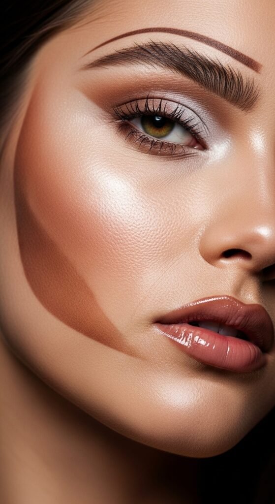 A stunning glamorous McBling makeup editorial featuring a beautiful woman with full Y2K inspired beauty including frosty eyeshadow, metallic foiled lids, glossy lips, shimmery blush, face gems, and chunky highlights, showcasing 18 McBling makeup ideas as a complete guide to mastering the most iconic Y2K makeup trends.