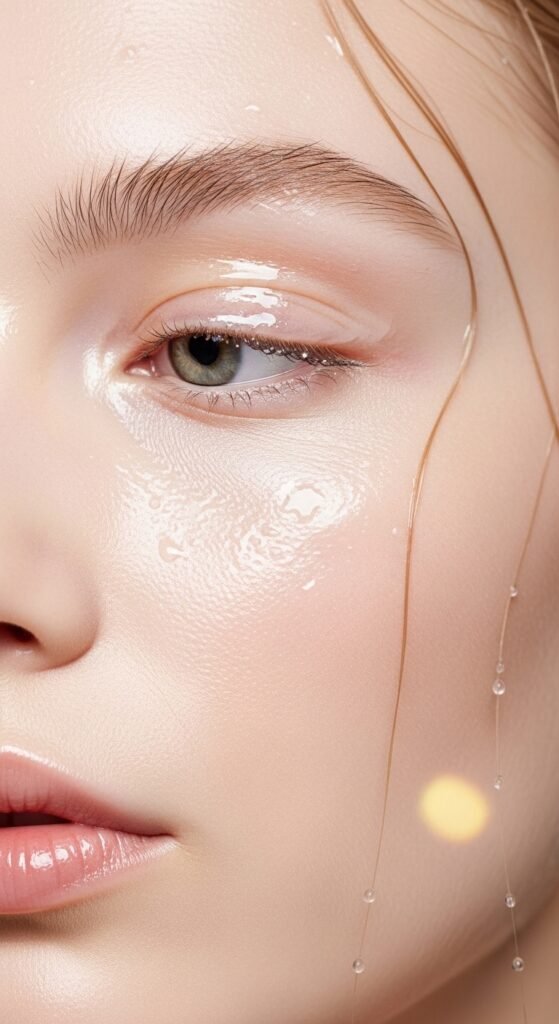 A breathtaking pale skin makeup editorial featuring a stunning fair-skinned woman with flawless porcelain complexion, soft rosy blush, ethereal highlight, subtle smokey eyes, and bold red lip surrounded by elegant makeup products on white marble, showcasing 20 pale skin makeup ideas as a complete guide to achieving flawless and radiant looks.