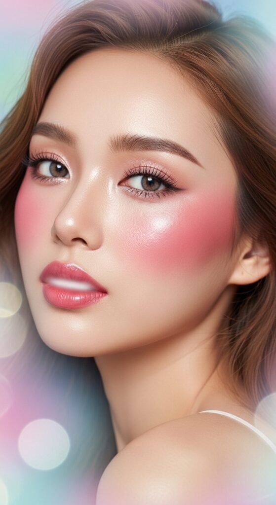 A breathtaking Korean makeup look editorial featuring a beautiful woman with flawless dewy glass skin, soft gradient lips, straight brows, puppy liner, and luminous K-beauty glow surrounded by elegant Korean beauty products, showcasing 20 Korean makeup look ideas as the ultimate guide to achieving the coveted K-beauty glow.