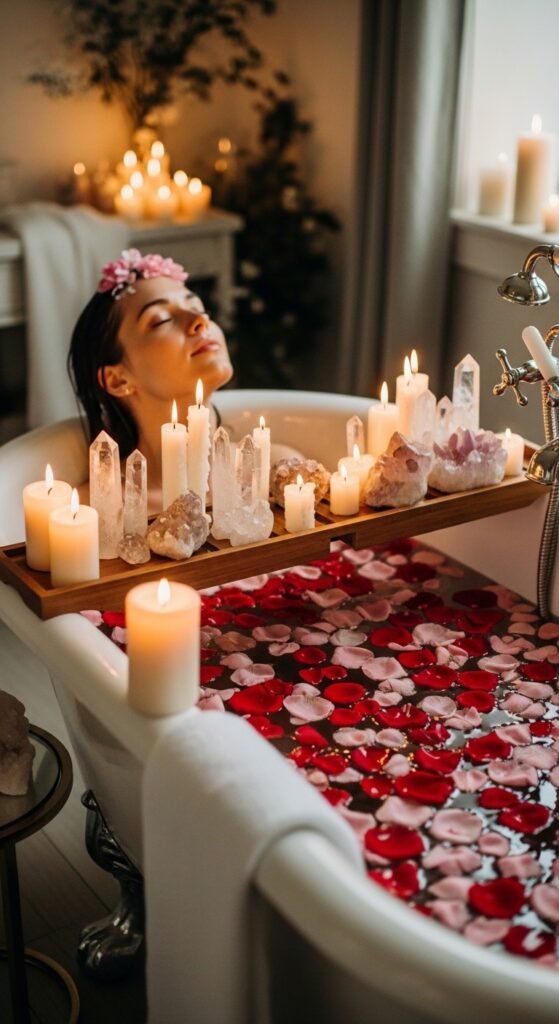 A breathtaking ethereal beauty editorial featuring a stunning woman with luminous glass skin, moonlit shimmer eyeshadow, feathery wispy lashes, softly stained lips, and iridescent hair surrounded by white flowers and crystals, showcasing 15 ethereal beauty ideas to transform your look into breathtaking dreamlike art.