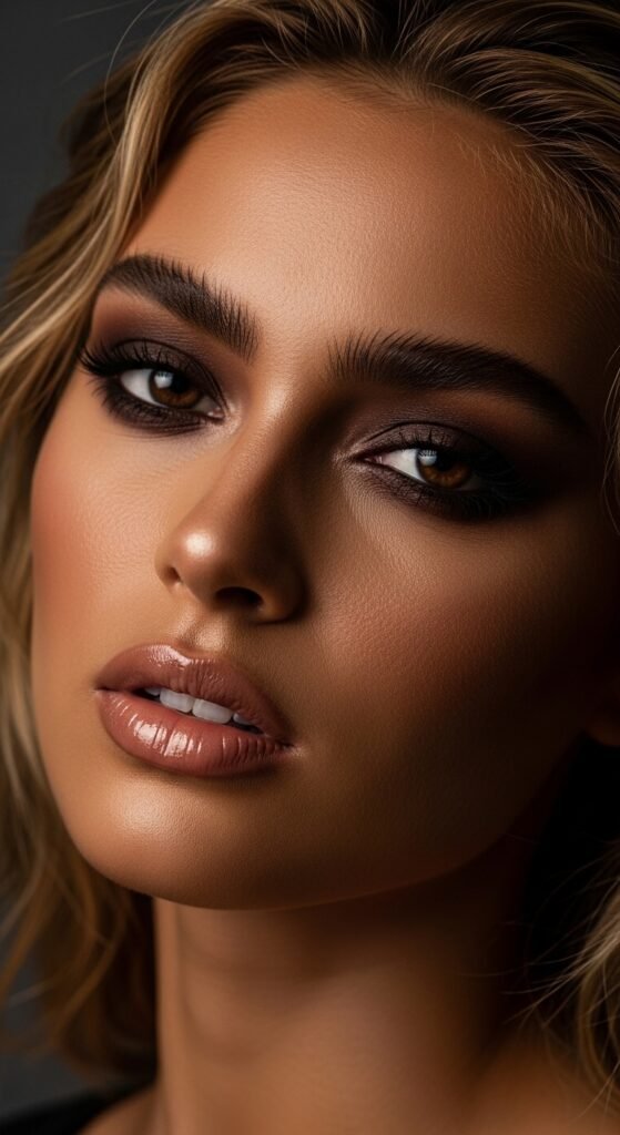 A stunning glamorous bimbocore makeup editorial featuring a beautiful woman with hyper-feminine Y2K inspired beauty including glossy pink lips, glitter eyeshadow, heavy blush, and dewy glowing skin, showcasing 15 bimbocore makeup ideas as the ultimate guide to mastering the hyper-feminine beauty trend.